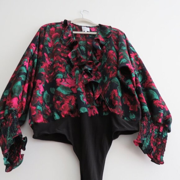 MISA LOS ANGELES Talah Floral Ruffle Satin Bodysuit Boho Romantic - Size L - Picture 12 of 16